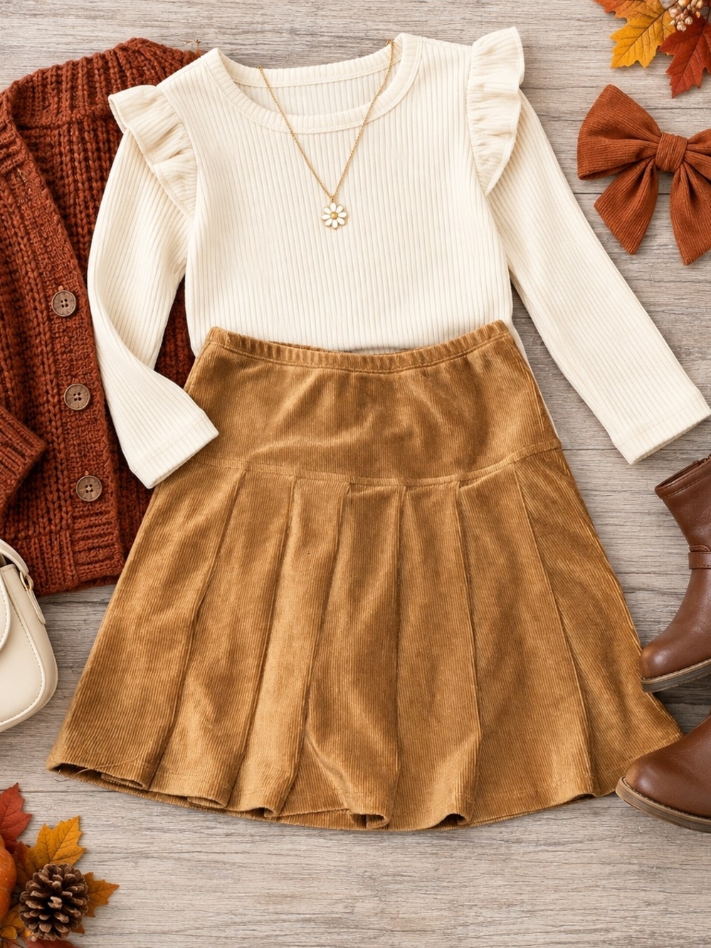 Beautees Camel Corduroy Pleated Skirt